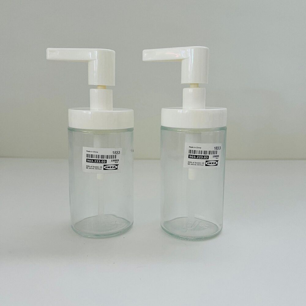 IKEA TACKAN Glass Soap Dispenser White Plastic Pump, Set of 2
